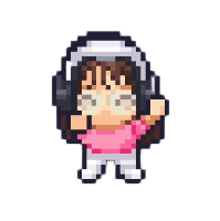 8 bit dancing avatar with long brown hair and white headphones