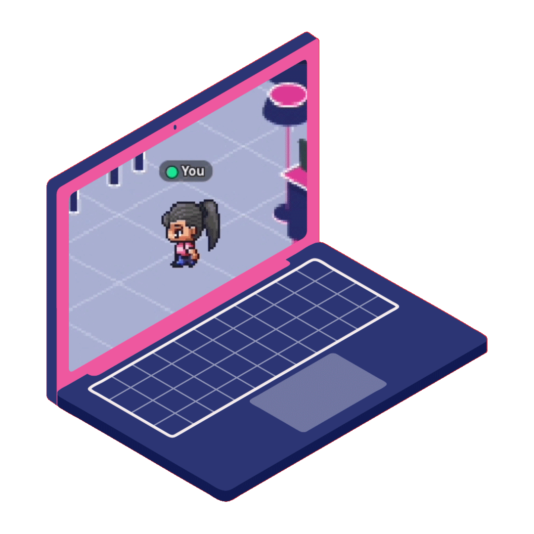 8 bit avatar with a ponytail, walking around a Gather room